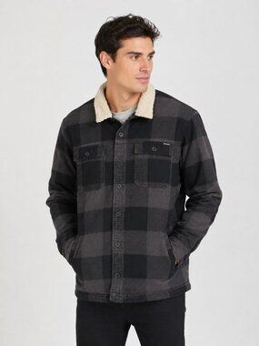RVCA Range Faux Shearling Collar Plaid Shirt Jacket in black and grey Size M